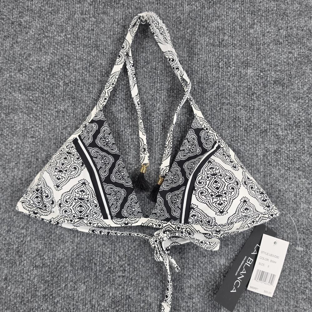 La Blanca Women's Size 8 Black White Paisley Halter Bikini Top Tassel Swimwear